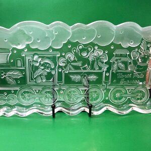 Vintage North Pole Express Glass Tray Santa Train Christmas 13” Serving Platter